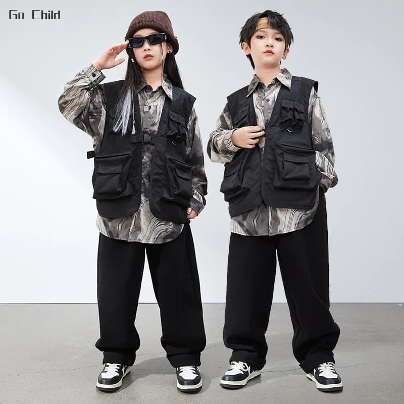 Ragazzi Street Dance Fanshion Ink Wash Shirt Cargo Vest Pants ragazze Hip Hop camicetta vestiti set costumi per bambini bambini Jazz Streetwear