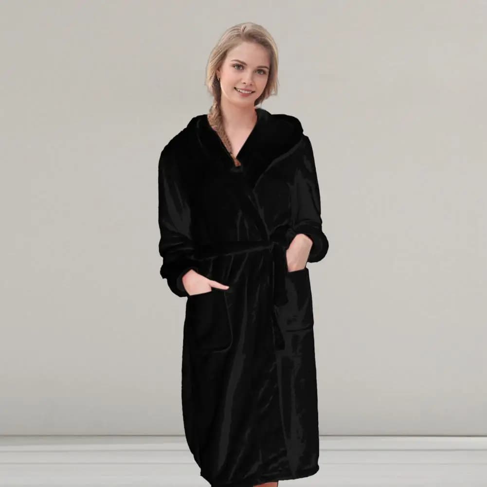 Couple Winter Nightgown Thick Fleece Warm Lace Up Waistband Hooded Pockets Mid Length Lady Homewear Spa Bathrobe Pajamas