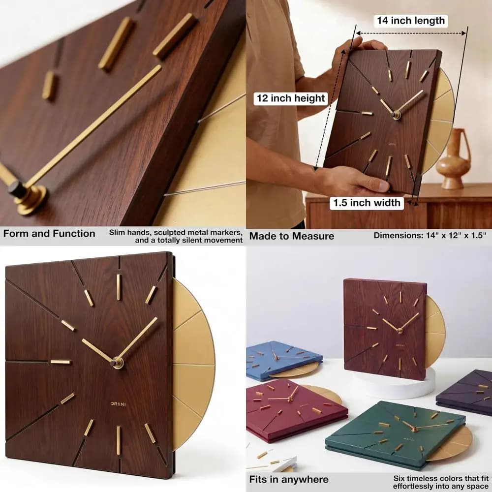 Wall Clock Modern Wood Square with Golden Finishes - Elegant Time Signal for Home Furniture