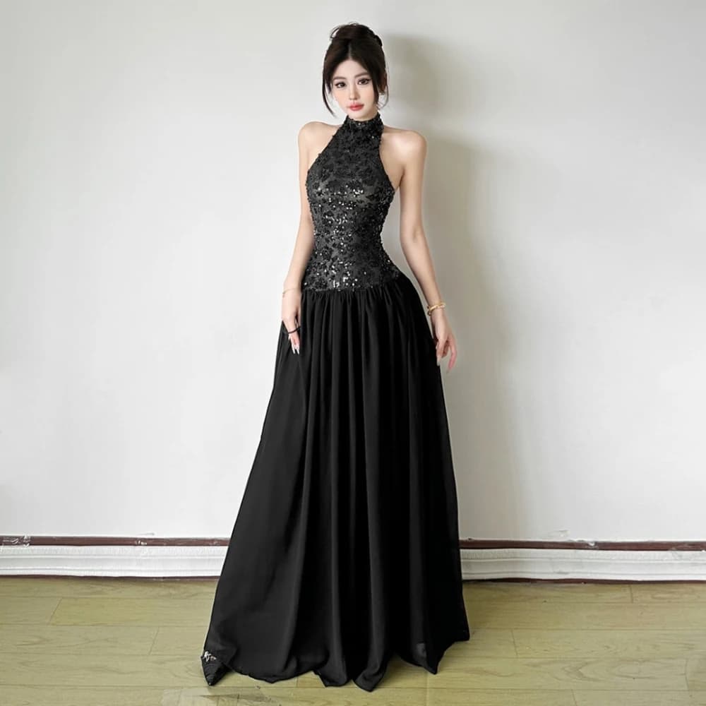 SylCue Paillettes Patchwork Abiti lunghi Donna Halter Off Spalla Abito senza schienale Robe Midnight Prom Party Increspato Abiti eleganti