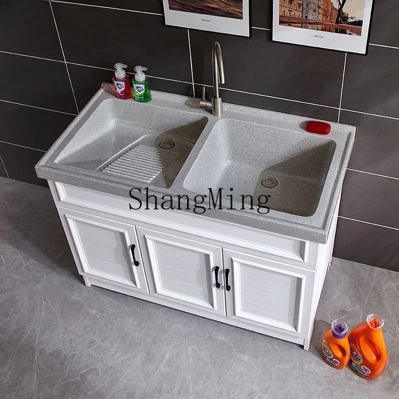 Mobile Lavanderia in Alluminio FG, Combinazione per Balcone, Lavabo in Acciaio Inox con Doppia Vasca in Pietra Artificiale e Tavola per il Lavaggio
