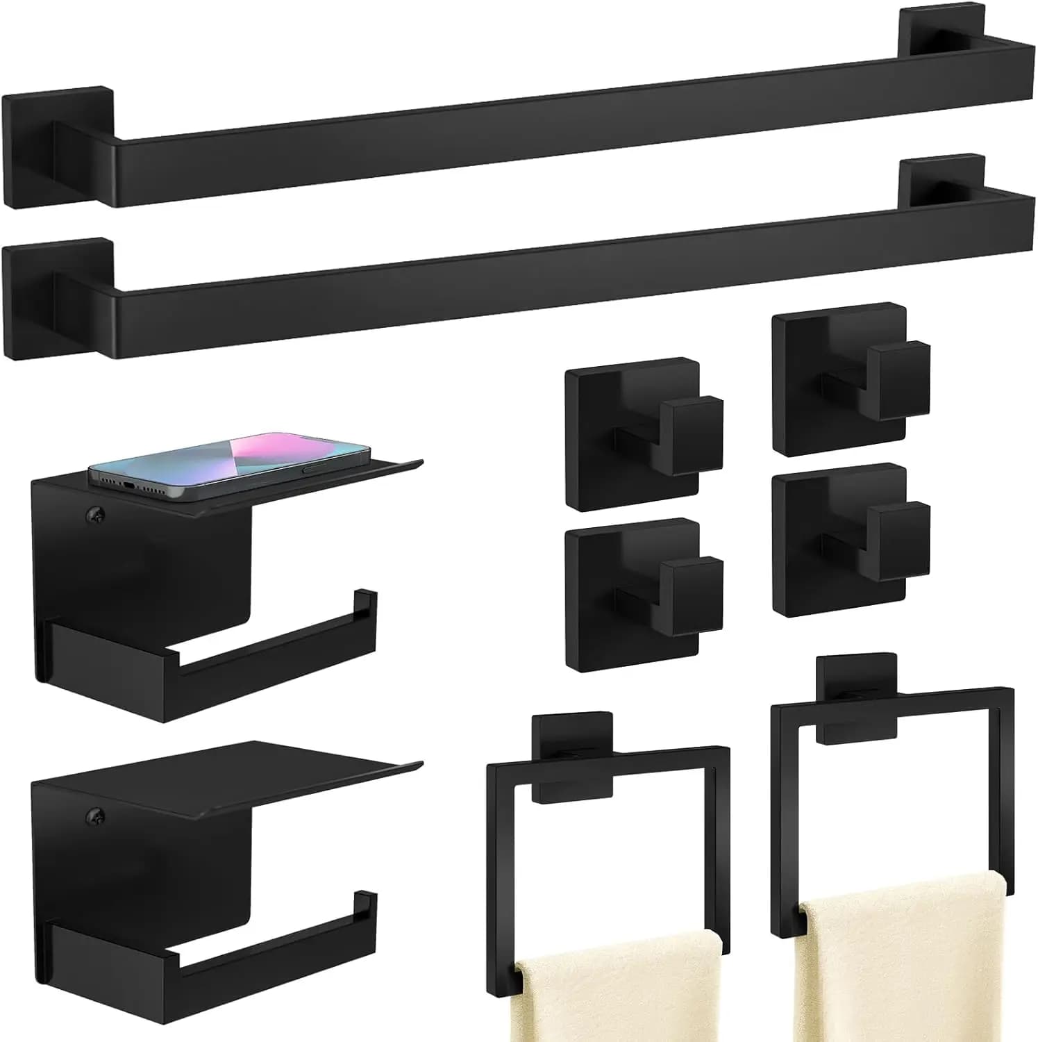 Set di accessori per bagno neri opachi da 10 pezzi, portasciugamani da 24 pollici, portasciugamani in acciaio inossidabile montati a parete