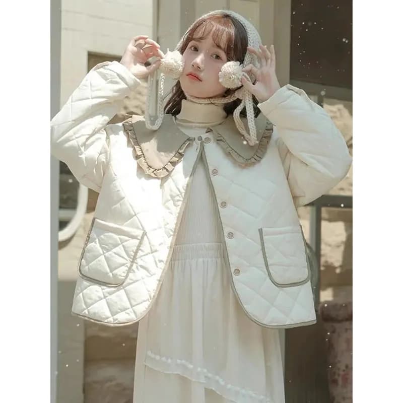 Splicing Doll Collar Women's Cotton Coat 2025 Autumn Winter New Foreign Female Rhombic Design Thick Jacket Warm Velvet Overcoat