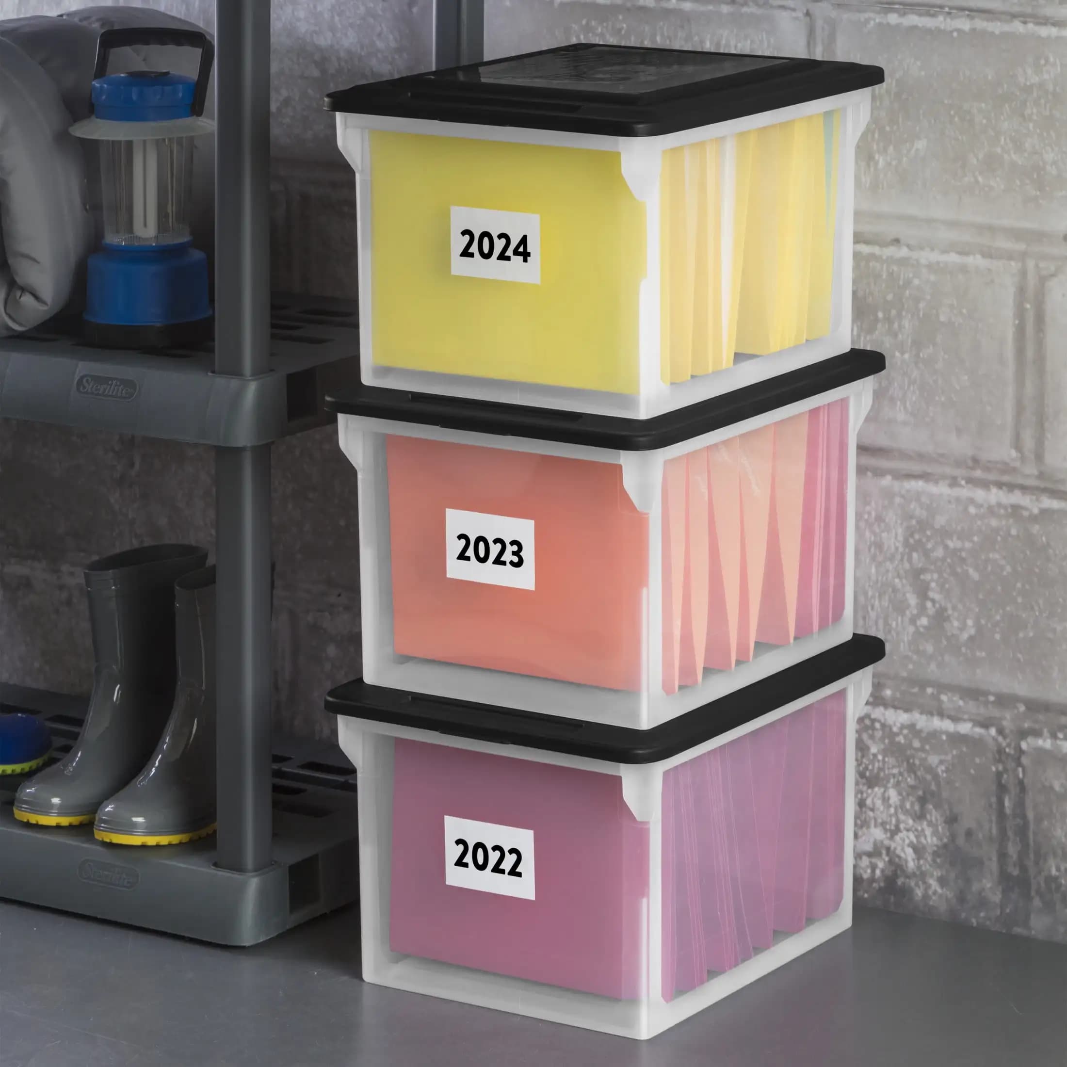 File Box, Clear Plastic Bin with Black Lid, Letter or Legal-sized File Storage, Black