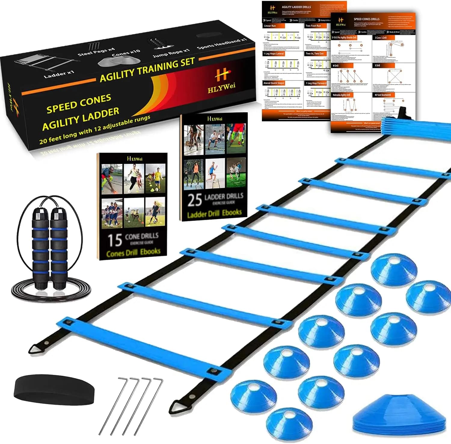 Set per Allenamento di Velocità e Agilità con Scala, Coni, Corda per Saltare, Fascia per la Testa e Borsa per il Trasporto per Calcio, Football e Basket