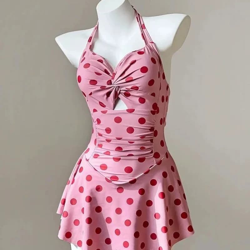 Women Swim Dress Pink Polka Dot One Piece Swimsuit Cute Grils Swimwear Youth Swimwear Beach Backless Swimsuit Dress