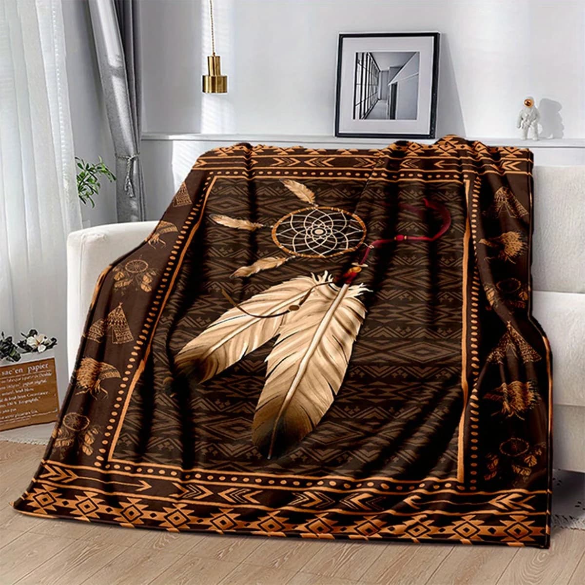Coperta in Flanella per Tutte le Stagioni, Spessa e Morbida con Motivo Tribale a Piume, per Divano, Letto, Campeggio, Viaggi, Arredamento Casa, Lavabile in Lavatrice