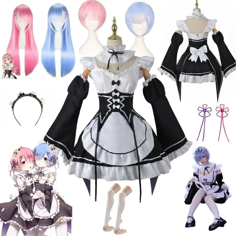 ABC123Anime Ram Rem Lolita Maid Cosplay Re:Zero - Inizio di una Nuova Vita in un Altro Mondo Costumi Donna Abito Loli per Feste di Halloween