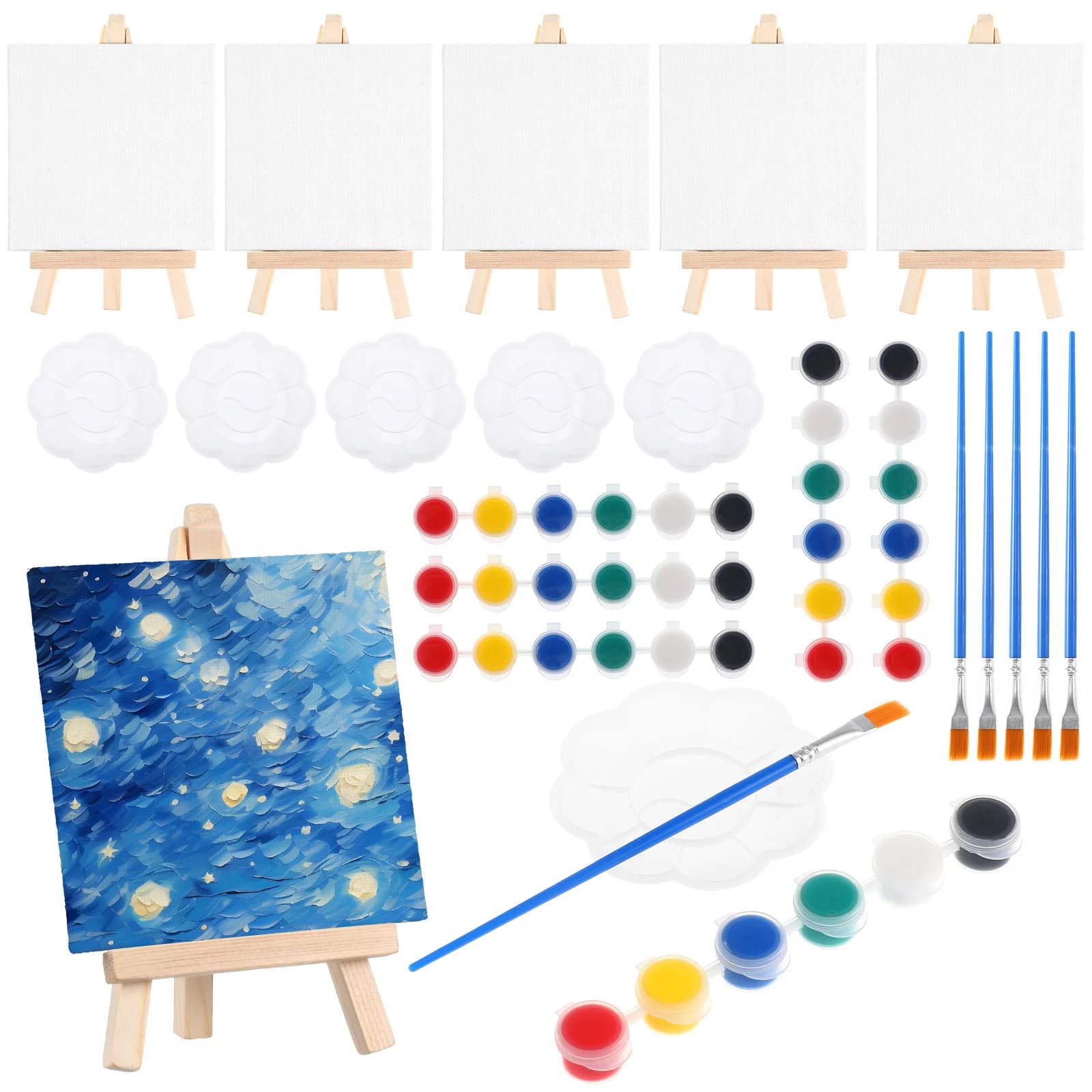 6Sets Mini Canvas Painting Kit Small Easel Boards Oil Paint Brushes Palette Craft Supplies for Adults Travel Drawing