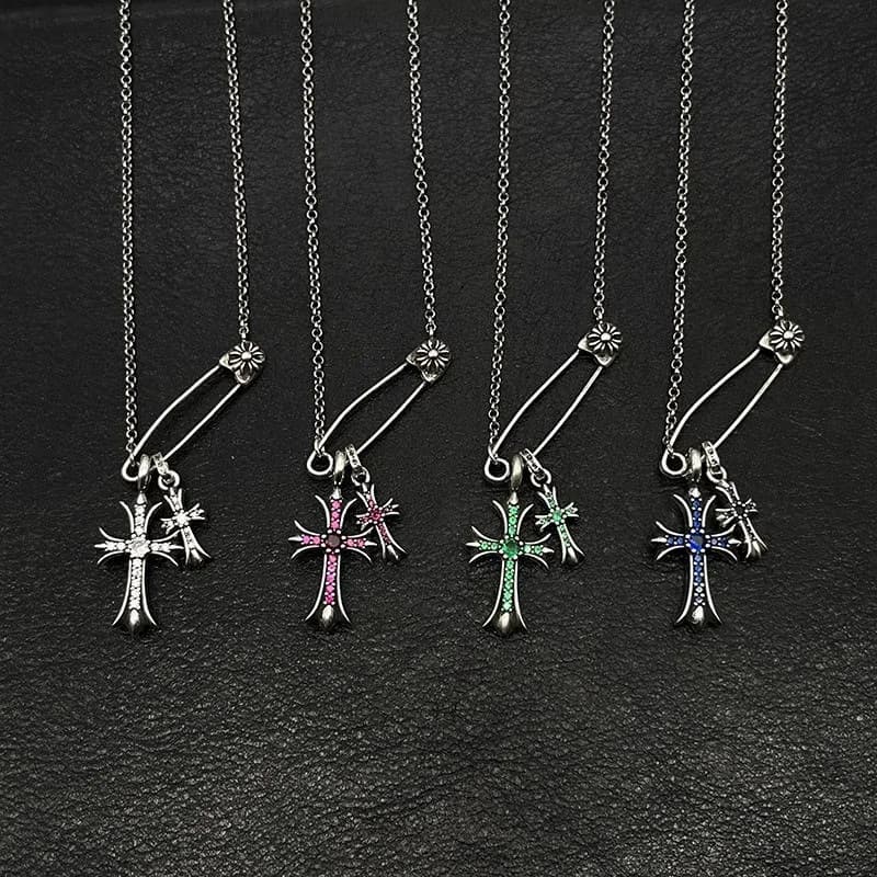 Collana Tide Brand con Croce Doppia in Oro Antico per Uomo e Donna, Collezione Mix and Match con Diamanti Rosa e Bianchi
