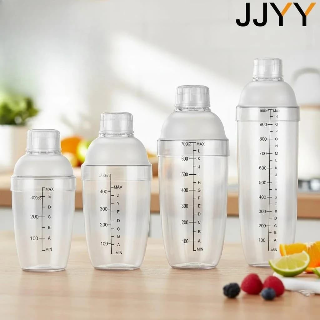 Shaker da cocktail portatile in plastica con bilance per bar domestico, miscelazione di bevande, strumenti da bar, trasparente
