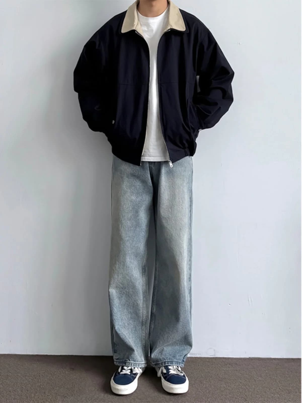 Retro American Blue Denim Jeans Men's Washed mid High Waist Lift Crotch Trendy Cleanfit Straight Leg Jeans Casual Loose Fit