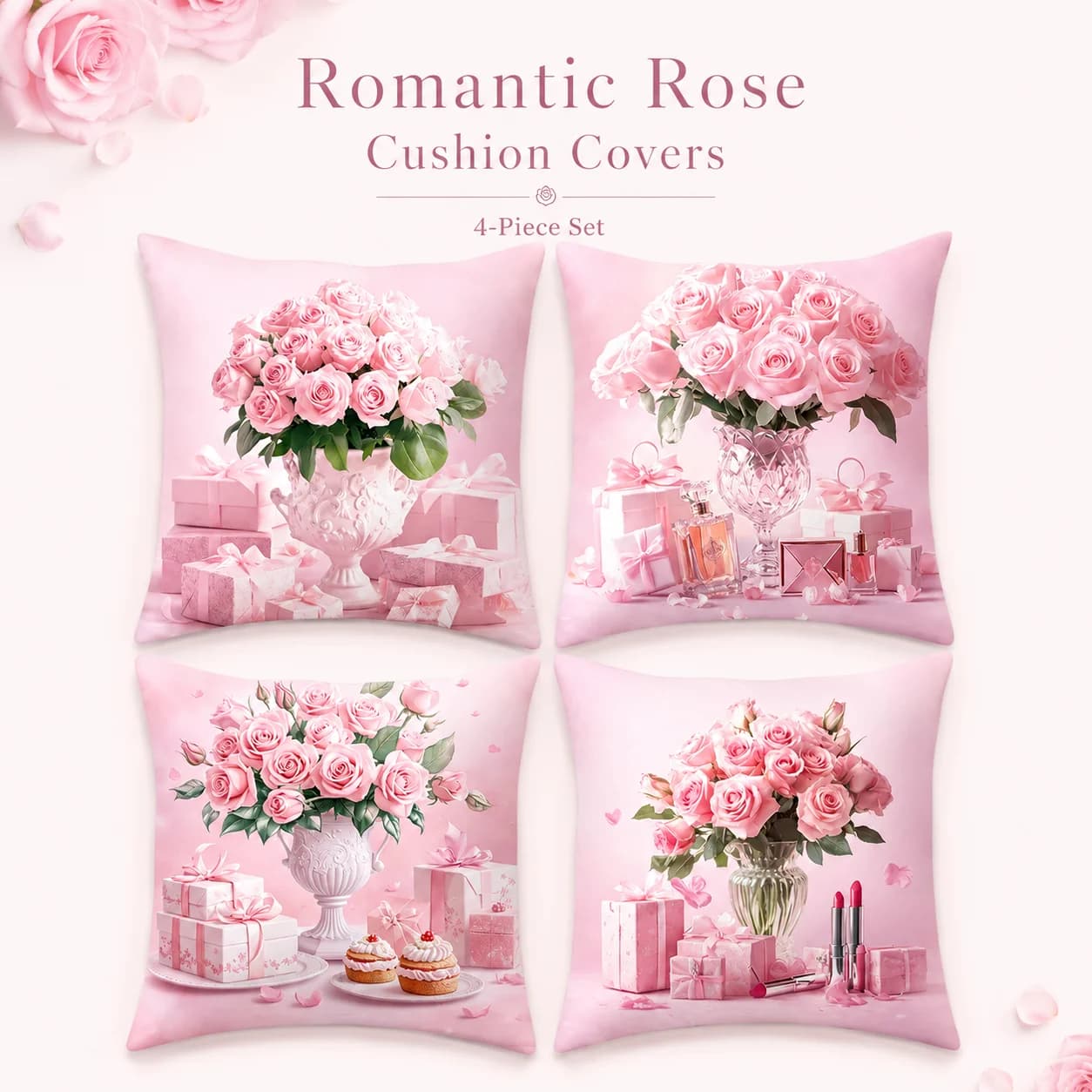 4 PCS Pink Flower Cushion Covers 2D Flat Printed Peach Skin Pillow Covers Room Decor Coussin For Living Room Aesthetic Soft
