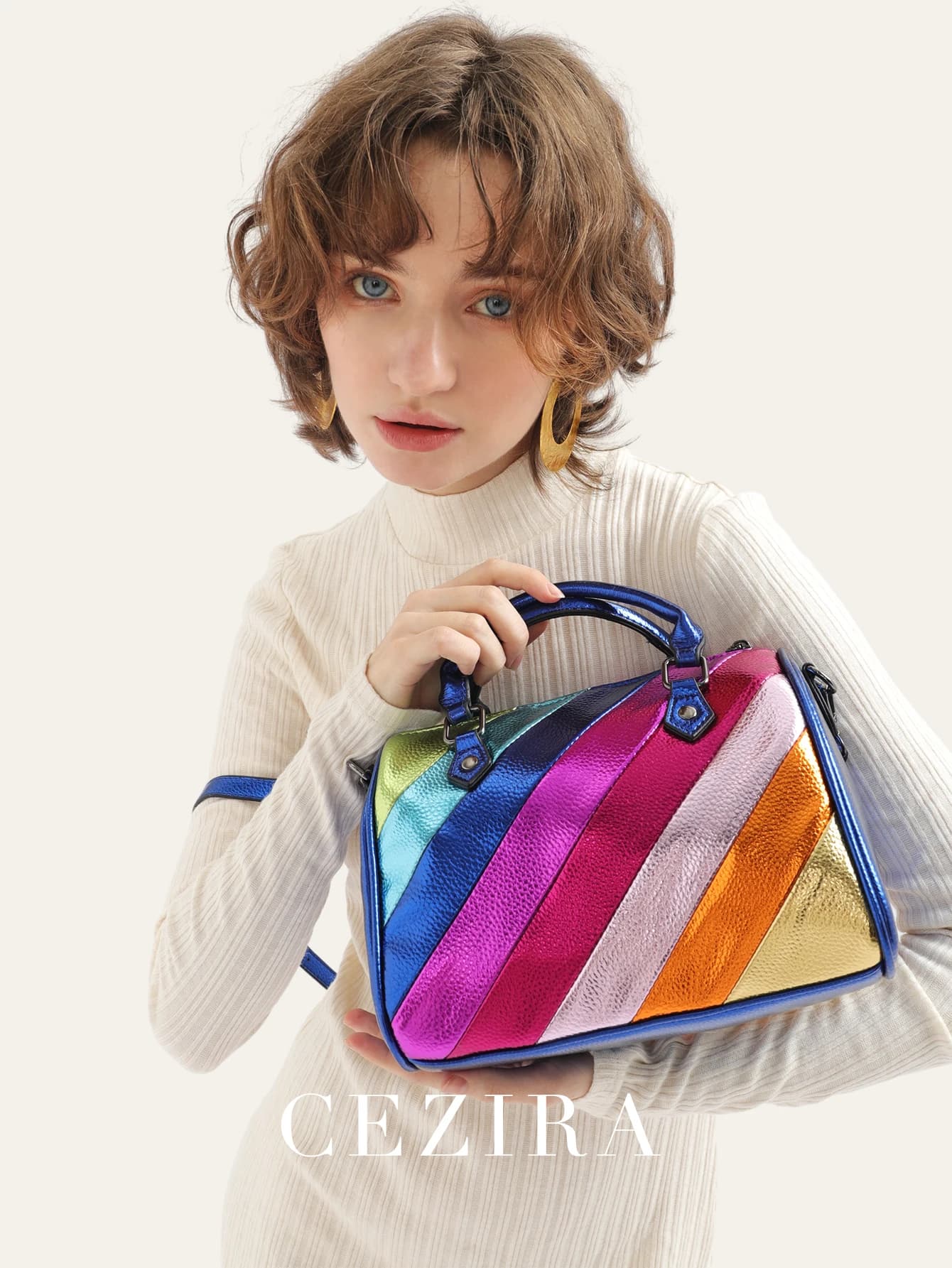 CEZIRA Luxury Metallic PU Boston handbag in vegan leather fashion women colorful strips Patchwork bag with upper handle shoulder bags