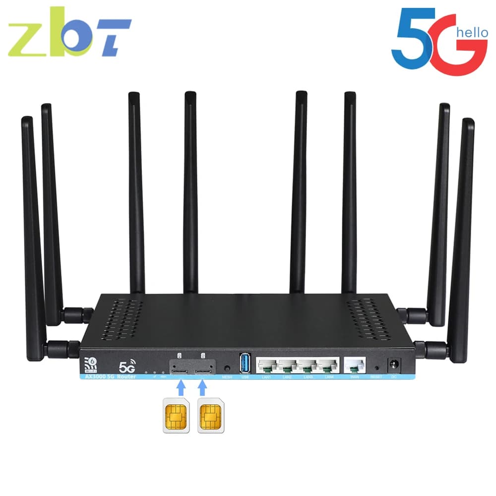 ZBT Doppia Scheda SIM Router 5G 2 * SIM WiFi6 3000Mbps Openwrt DDR4 1GB 1000Mbps LAN USB3.0 Modem 5G MU-MIMO 4T4R Antenna Wifi Booster