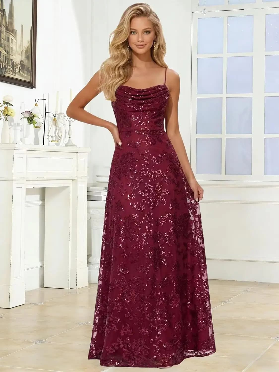 Abito da ballo di lusso scintillante con paillettes, abito lungo floreale da festa, abito da cocktail con spalline sottili e schiena scoperta per donna, abito da sera