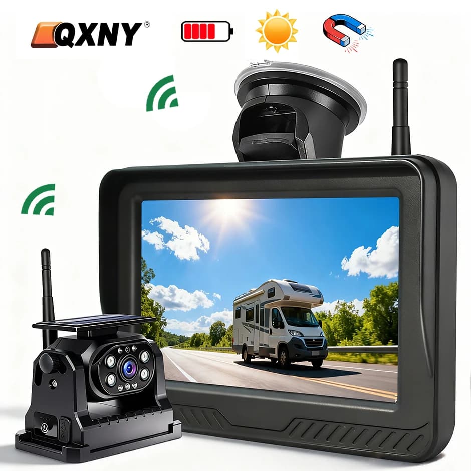 Telecamera di Retromarcia Wireless Solare Magnetica con Visione Notturna IR e Monitor da 5 Pollici per Camion, Autobus, Camper, Rimorchi e Veicoli