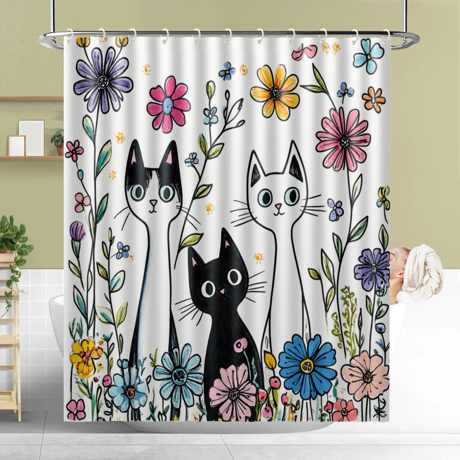 Funny Cat Pets Paw Flowers Shower Curtain Hooks Waterproof Polyester Fabric Bathroom Modern Minimalist Curtains for Bath Room