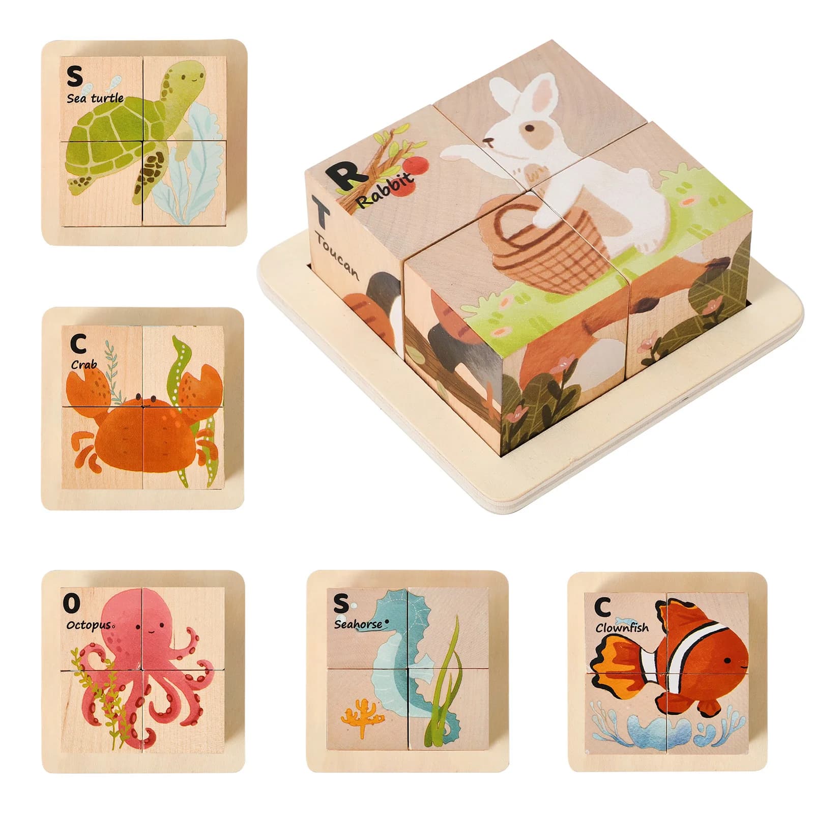 Puzzle in Legno 6 in 1 per Bambini, Blocchi Massicci con Stampa di Animali Marini, Senza Bordi Agghiottati, per Abilità Motorie Fini e Gioco Genitore-Figlio