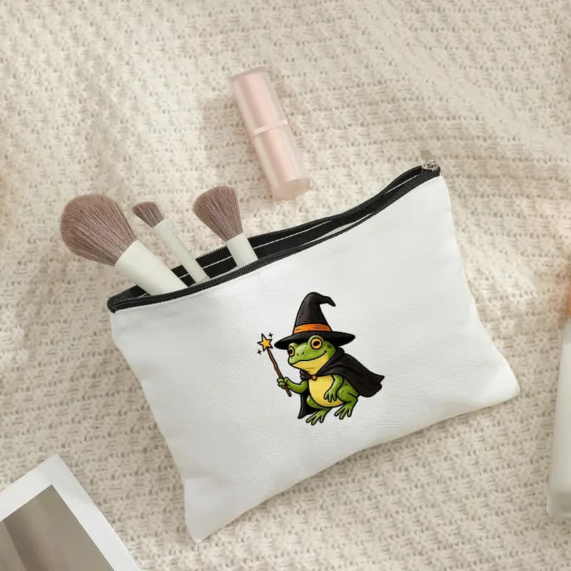 Cute Wizard Frog Cosmetic Bag Cartoon Frog Witch Hat Magic Wand Print Zipper Pouch Portable Travel Makeup Storage Halloween Gift