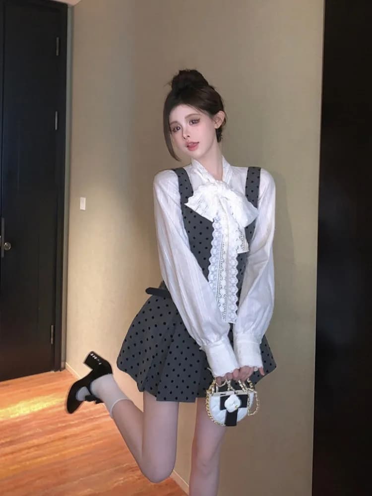 Early Autumn Grey Polka Dot Waist-Cinching Slimming Strap Dress Vintage Ruffle Collar Bow Shirt Two-Piece Set Women's Fashion