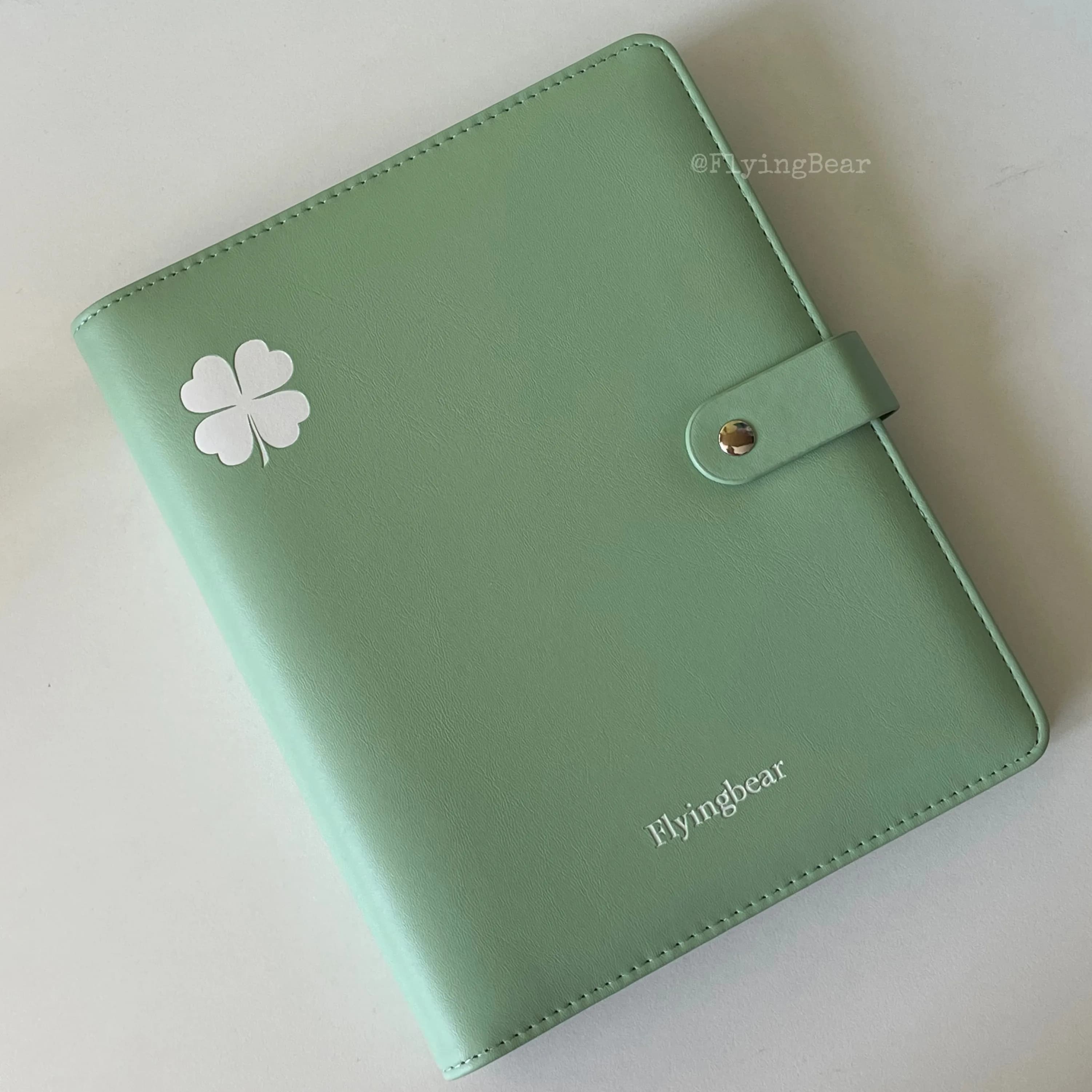 Flyingbear Green Clover A5 Binder, PU Leather Photo Album for K-pop Photocards, Scrapbook Journal 6-Ring Refillable Notebook