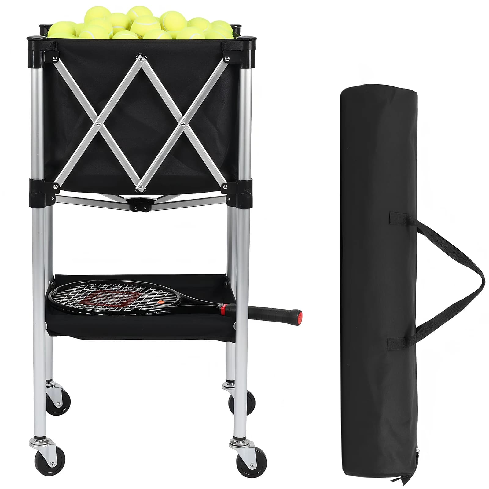 Carrello Pieghevole per Palline da Tennis con Ruote e Borsa Portaoggetti per Allenamento/Insegnamento