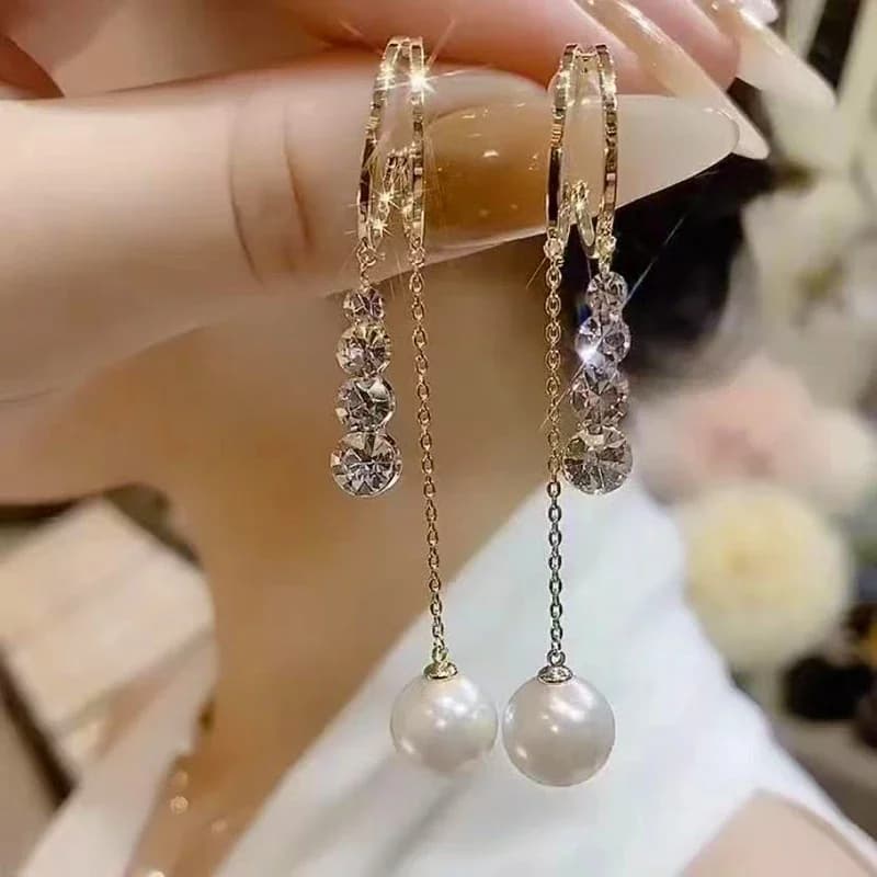 Pearl Tassel Rhinestone Pendant C-shaped Earrings for Women New Fashion Trend Elegant Temperament Ladies Party Jewelry Gift