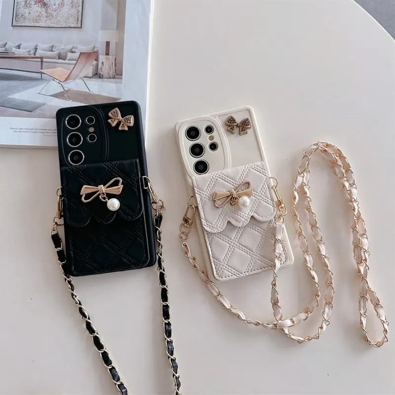 Pearl Bow Rope Chain Phone Case For Samsung Galaxy Note 20 S25 Edge S24 S23 S22 S21 S20 FE Ultra Plus A56 A36 A26 A16 5G Cover