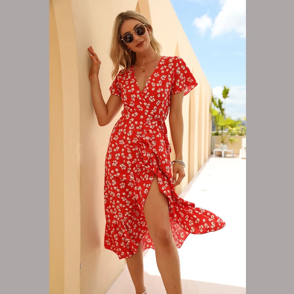Fashion Y2K Floral Dress Summer for Women Sexy V-neck Flower Print Holiday Short Sleeve Sundress Boho Beach Dresses Female Robe