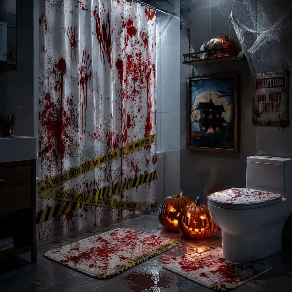 Blood Stain Waterproof Bathroom Set Anti-Slip Absorbent Bath Mat 4 Piece Set U-Shaped Shower Curtain Shower