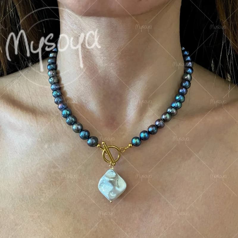 Collana con Pendente di Perle Barocche Bianche e Nere d'Acqua Dolce MYSOYA 8-9mm e 13-15mm, Regalo per Compleanno/Anniversario/Matrimonio A0896