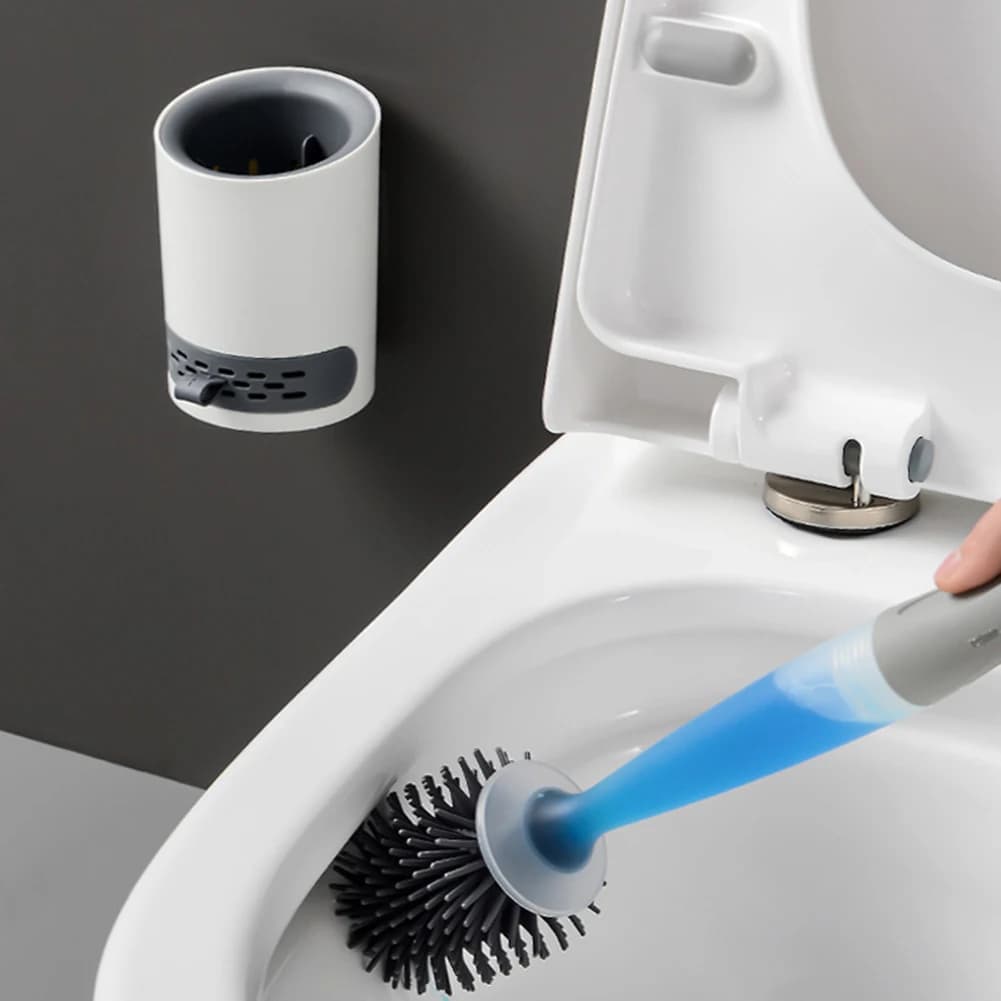 Set scopino per WC con dispenser di saponi liquidi Manico lungo a 360 ° Setole morbide in Tpr Pulizia profonda Protezione WC per il bagno
