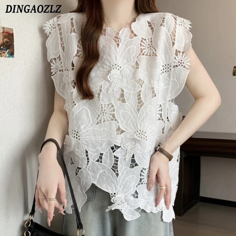 Summer loose pullover shirt with women's sleeves shirt knitted vest embroidered top fashion with flowers with hook