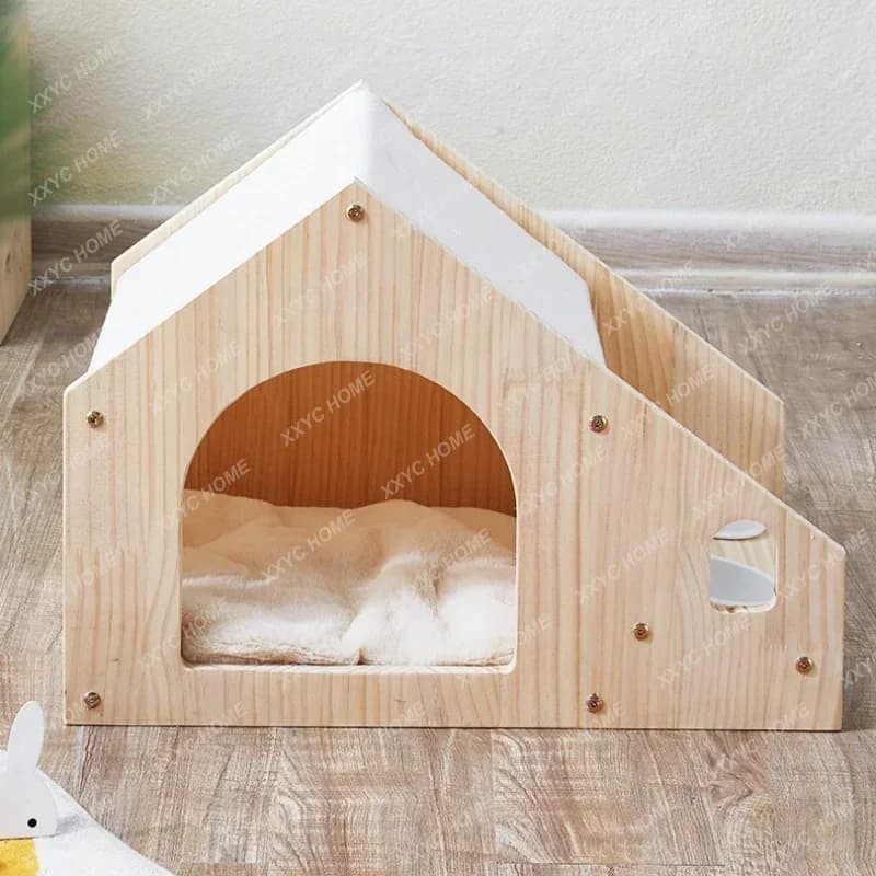 TTPer Casetta per gatti in vero legno Condo Lettino per gatti di lusso con ciotola per cibo Ciotola per acqua Casetta per animali completamente chiusa per gatti di cani di piccola taglia