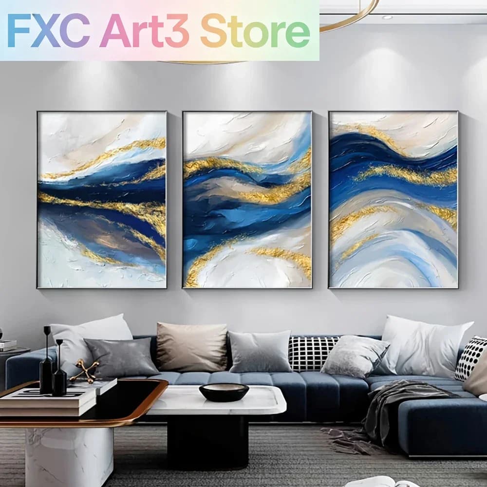 Set di 3 Quadri Senza Cornice, Dipinto Astratto Dorato e Blu dell'Oceano su Tela, Opera d'Arte Moderna, Poster e Stampa di Lusso, Decorazione Murale per la Casa