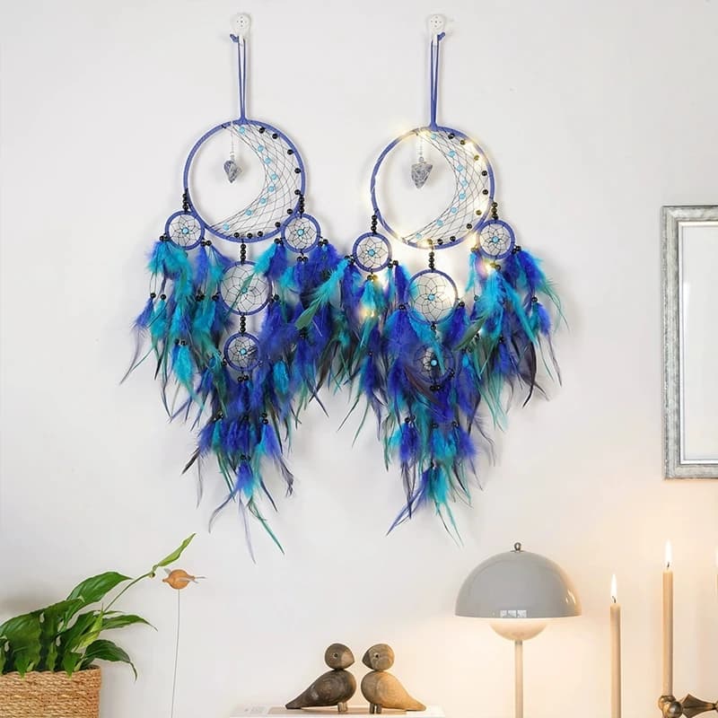 Blue Feathers Moon Dream Catcher Wall Hangings Room Pendant Bedroom Decor Home Decorations Handmade Ornaments For Girls Gifts