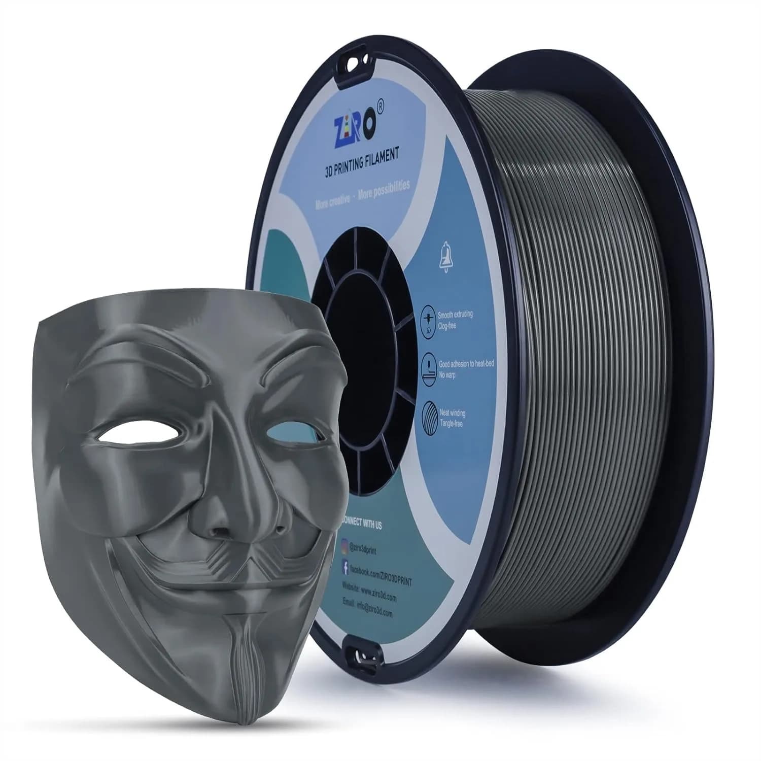 Filamento PLA ZIRO 1.75mm, Grigio Scuro, Bobina da 1KG per Stampante 3D, Precisione Dimensionale +/- 0.03mm