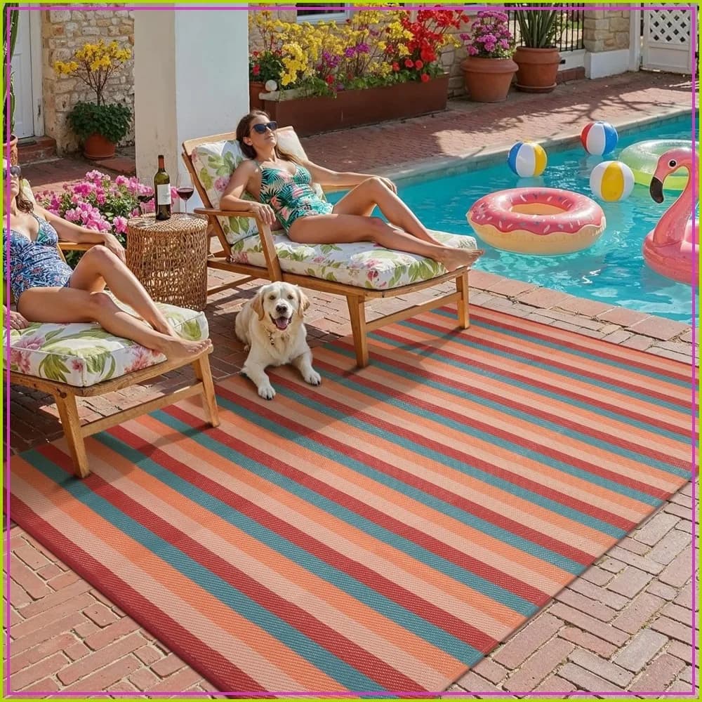 5x8 Outdoor Rug Orange Red Striped | Waterproof, Reversible Patio Rug for Deck, Porch, Camping, RV, Plastic Straw Carpet