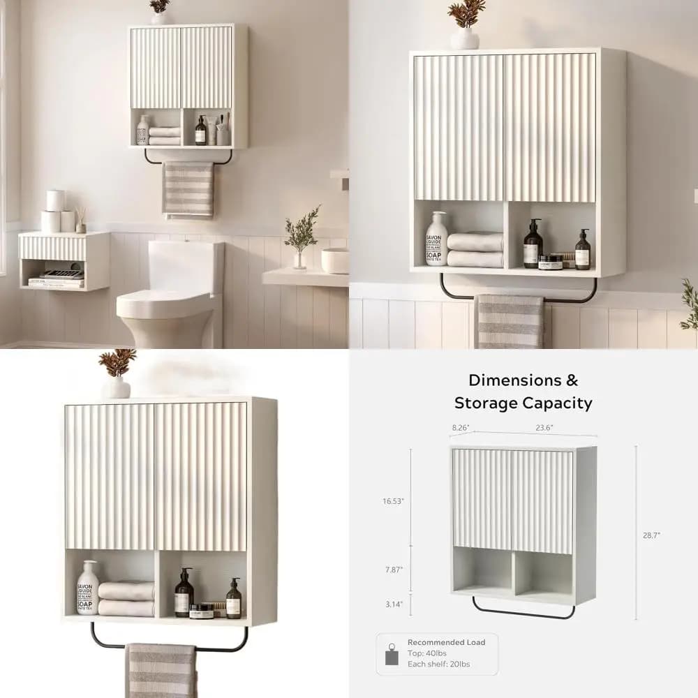 Mobiletto Galleggiante Grande da Parete Bianco con 2 Ante, Ripiano Regolabile e Portasciugamani per Bagno, Cucina o Lavanderia