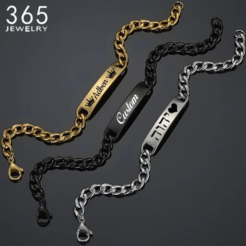 Bracciale con nome inciso in acciaio inossidabile per uomo Targhetta personalizzata con data Braccialetti fai da te per gioielli da ragazzo maschio Regalo di compleanno