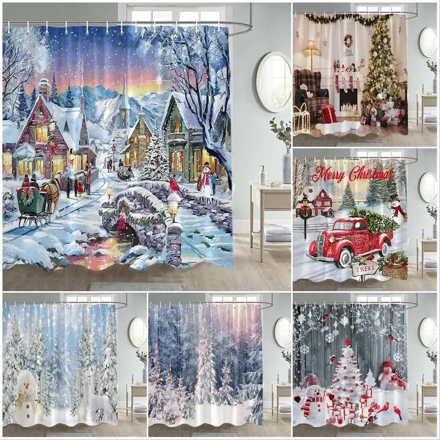 GAEWinter Christmas Shower Curtain Funny Snowman Xmas Trees Fireplace Truck Forest Snowy Scene New Year Holiday Home Bathroom