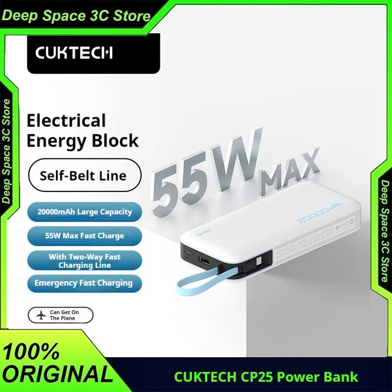 CUKTECH CP25 55W Power Bank Carica rapida bidirezionale 20000mAh Powerbank portatile con cavo per iPhone16 15 14Pro Max Huawei