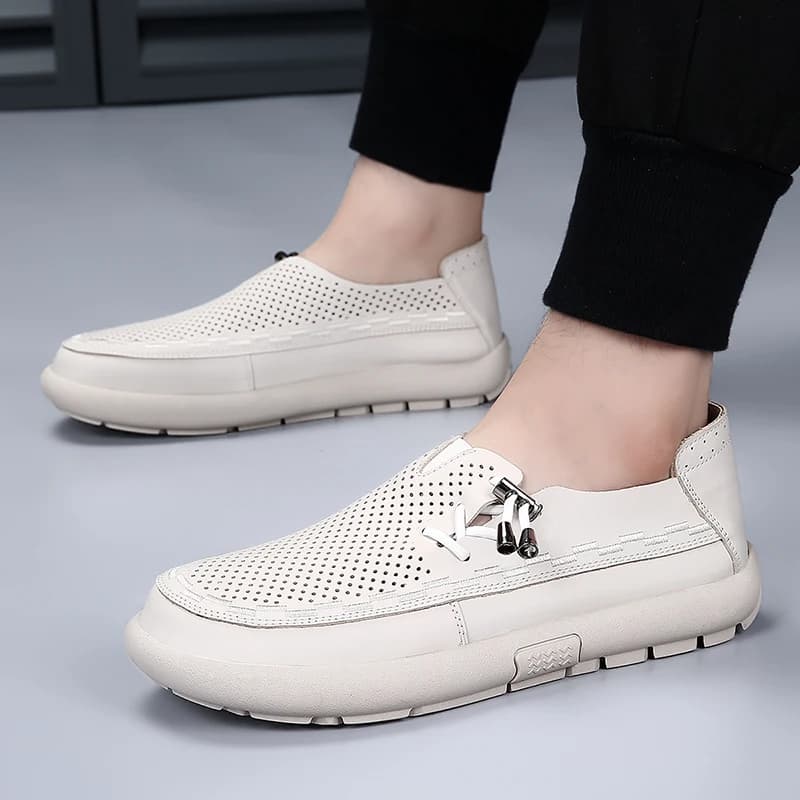 Men Loafers Summer Perforated Hollow Genuine Leather Slip On Breathable Casual Shoes Men Non Slip Driving Walking Footwear Men