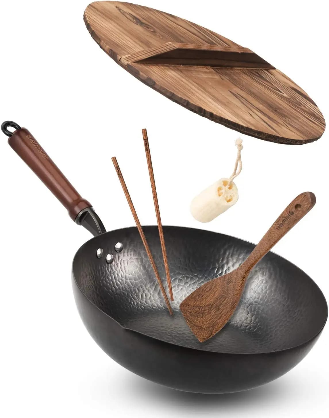 12.5 inch Wok, wok and iron-fry pans with lid, carbon steel wok with cooking accessories, flat bottom suitable for all types of stoves