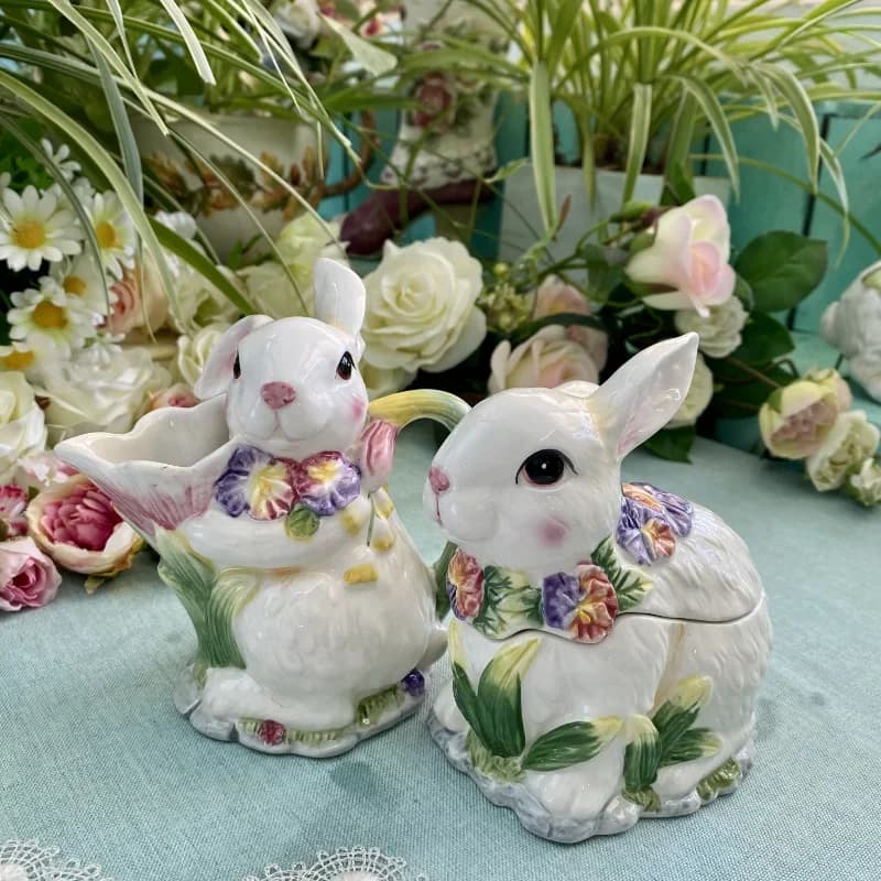European Tulip Ceramic rabbits Sugar jar Milk Cup Jewelry Storage jar Painted rabbits cookies Storage jar container Home decor
