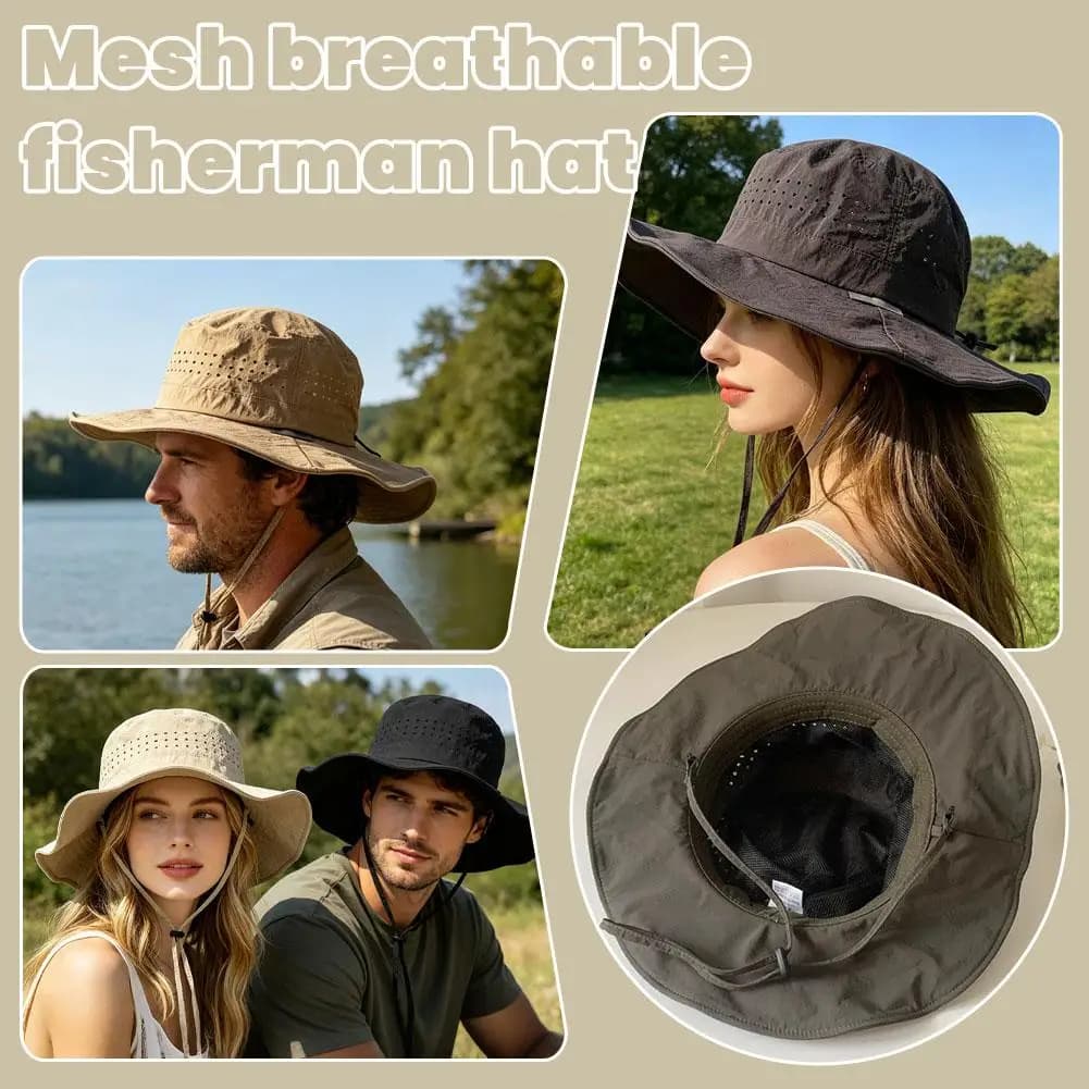 Cappello da pescatore regolabile da 55-62 cm per protezione solare all'aperto, cappello a secchiello traspirante in rete ad asciugatura rapida con tesa larga, antivento e impermeabile
