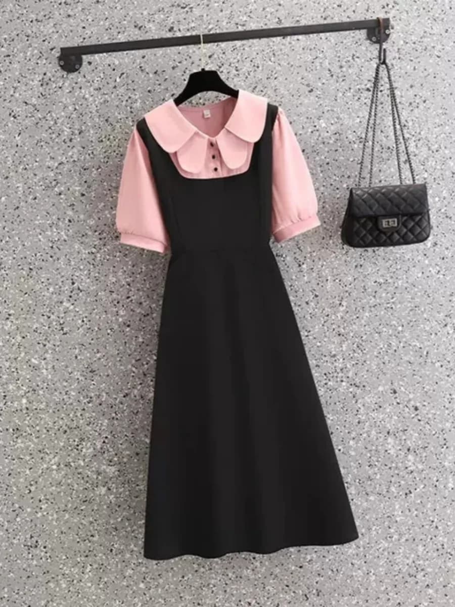 plus Size Summer Fashion Doll Collar Apparels Fake Two-Piece Dress A-Line Midi Skirt Waist Cinching Meat Concealing Dress
