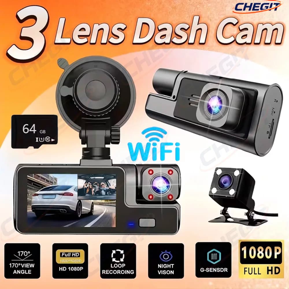 Dash Cam Car 2026 WIFI to 3 Channels with 3 Cameras, Video Recorder HD 1080P, DVR Auto Black, 2-inch Black Box, Car Accessories