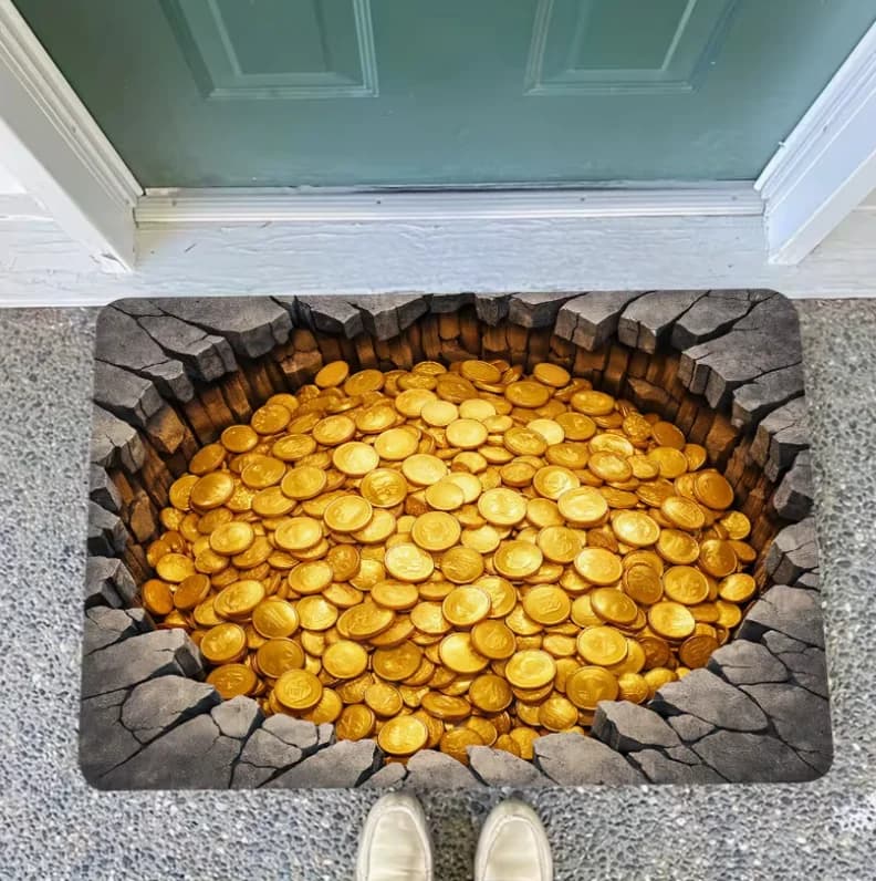 2D Flat Printing, 2D Embossed Golden Coin Pit Entrance Doormat, Anti-Slip Machine Washable Easy-to Clean Polyester Mat